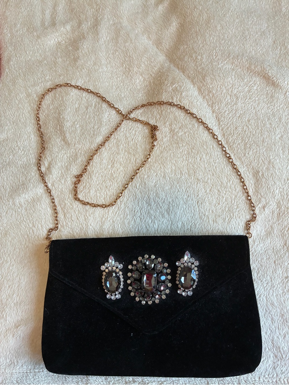 Elegant Black Jeweled Velvet Crossbody Clutch